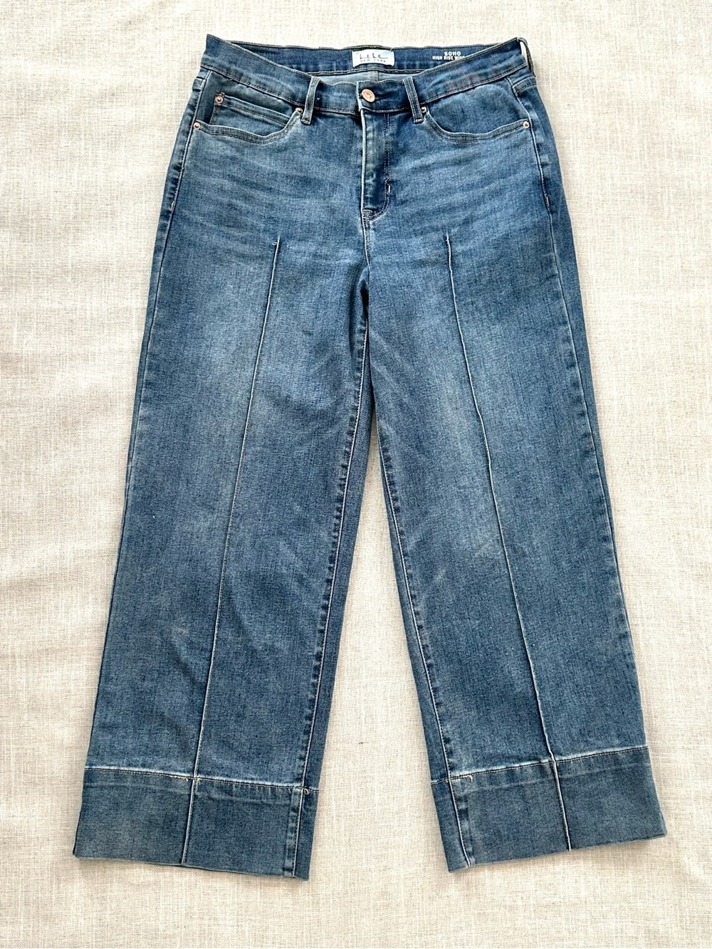 Nicole Miller SoHo High Rise Wide Leg Jeans Size 8 Blue Denim Ankle Pin Tuck - Picture 2 of 7